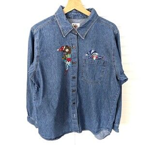 Vintage Nutcracker Christmas Shirt Womens XL Embroidery Holiday Festive Denim